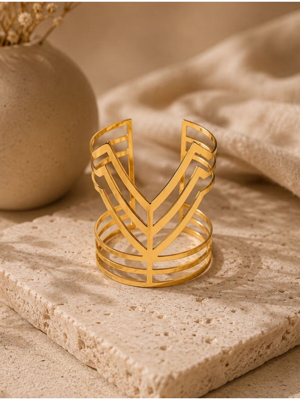 Gold Tone Chevron Cutout Bracelet Armlet Cuff Sz 3x2.5 Adjustable Geometric EUC